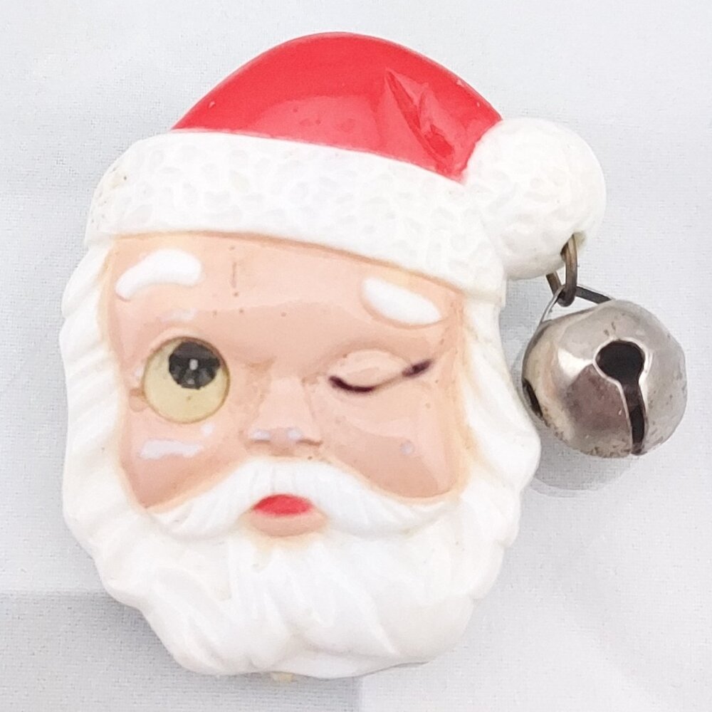 Vintage SANTA CLAUS Pin Brooch Holographic Winking Eye Christmas Bell